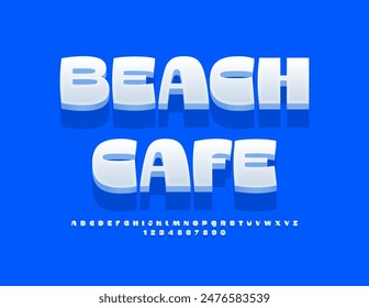 Vector stylish poster Beach Cafe. Elegant White 3D Font. Creative Alphabet Letters and Numbers.