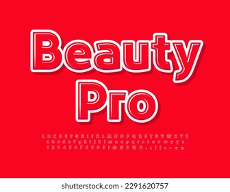 Vector stylish poster Beauty Pro. Elegant Red Font. Trendy Alphabet Letters, Numbers and Symbols set