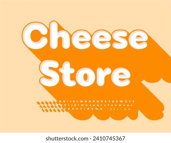 Vector stylish poster Cheese Store. White Font with Big Shadow. 3D Modern Alphabet Letters and Numbers.