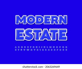 Vektor stylisches Poster Modern Estate. Trendy Alphabet Letters and Numbers. Blauer Glossarton