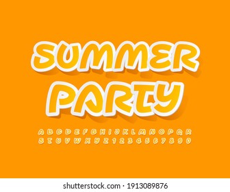 Vector stylish poster Summer Party. Creative Yellow Alphabet Letters and Numbers. Sticker style Font.