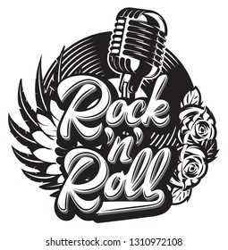 Vector stylish print template on the theme of rock with microphone, wing, vinyl, rose.