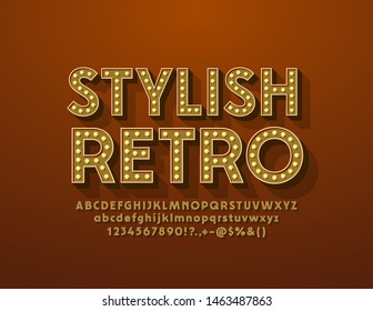 Vector Stylish Retro Golden Alphabet. 3D lamp Font. Light bulb vintage Letters, Numbers and Symbols