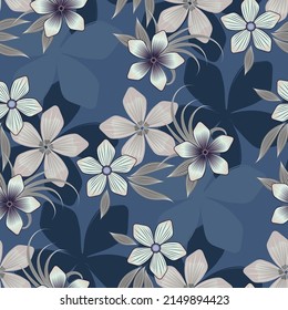 Vector stylish seamless floral pattern in gray blue pastel colors and decorative shaded flowers with leaves on a blue steel background for shawl, scarf, hijab