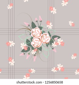 Vector stylish seamless pattern with decorative stylized roses and small flowers, buds of unblown roses, leaves on a calm beige background in a cage.