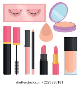 Vector stylish set of cosmetics. The concept of makeup and self-care. A bright element for the design.