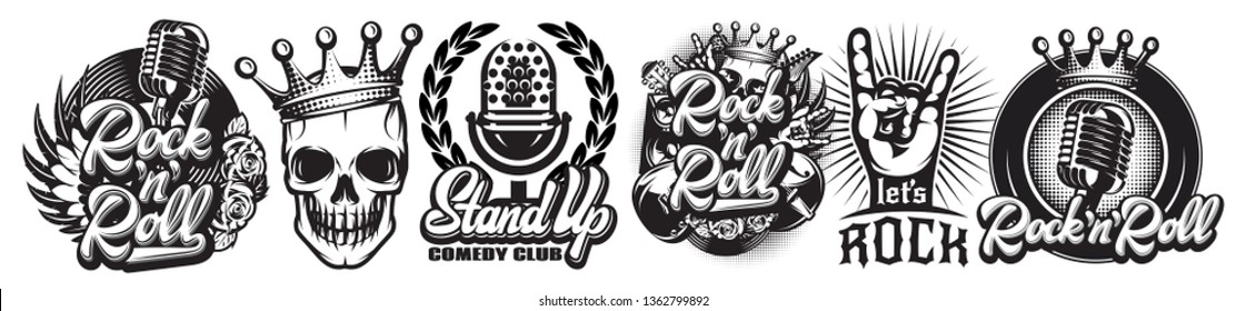 Vector stylish set of print template on the theme of music with microphone, wing, vinyl, rose and others.