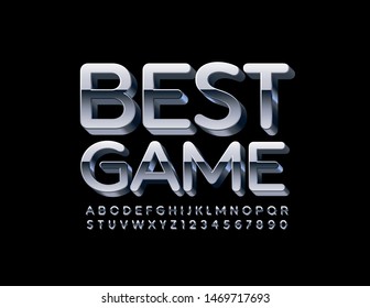 Mejor juego de señas con estilo vectorial. Fuente Plata Brillante. Letras y números de alfabeto metálico.
