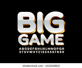 Vector Stylish Sign Big Game. Modern 3D Font. Bright White And Golden Alphabet Letters And Numbers.