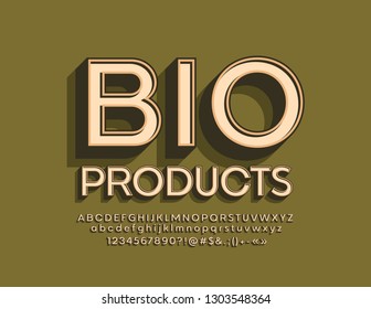Productos de señalización con estilo vectorial. Fuente 3D brillante con sombra. Letras, números y símbolos antiguos de alfabeto.