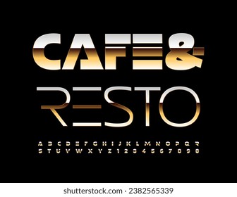 Vector stylish sign Cafe and Resto. Shiny Gold Font. Futuristic style Alphabet Letters and Numbers set