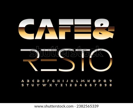 Vector stylish sign Cafe and Resto. Shiny Gold Font. Futuristic style Alphabet Letters and Numbers set