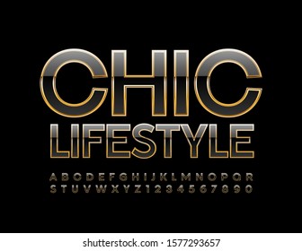 Vector Stylish Sign Chic Lifestyle. Black And Golden Font. Luxury Alphabet Letters And Numbers