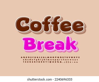 Señal elegante del vector Coffee Break. Fuente 3D creativa. Conjunto de letras y números de alfabeto moderno
