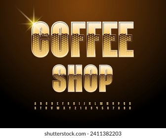 Vector stylish sign Coffee Shop. Elegant Gold Font. Trendy Alphabet Letters and Numbers.