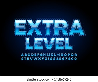 Vector stylish Sign Extra Level. Unique bright Font. Blue glowing Alphabet Letters and Numbers