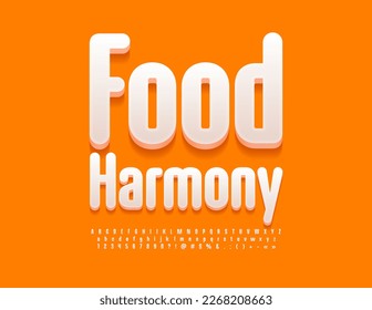 Vector stylish Sign Food Harmony. White 3D Font. Creative Alphabet Letters, Numbers and Symbols set