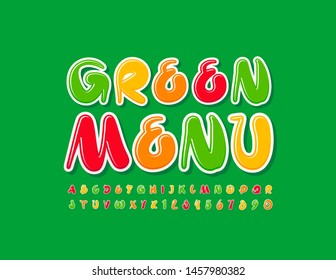 Vector stylish Sign Green Menu. Bright Colorful Font. Creative Alphabet Letters and Numbers