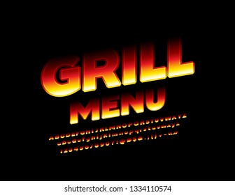 Vector elegante menú Grill con flama. Carta alfabética brillante, números y símbolos.