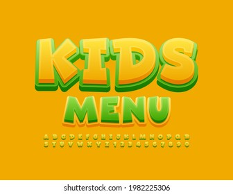 Vector stylish Sign Kids Menu. Funny Colorful Font. Creative Alphabet Letters and Numbers