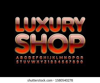 Vector stylish Sign Luxury Shop. Glossy Red and Gold Alphabet. Shiny Uppercase Font. Glamour Letters and Numbers set