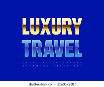 Vector Stylish Sign Luxury Travel. Elegant Blue Font. Elite Alphabet Letters And Numbers.