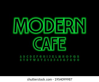 Vektor stylisches Schild Modern Cafe. Green Neon Font. Satz leuchtender Alphabet-Buchstaben und -Zahlen