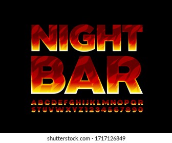 Vector stylish Sign Night Bar. Creative  Alphabet Letters and Numbers. Flame Pattern. Burning Font. 