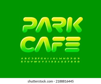 El diseño de los vectores del Park Cafe. Fuente verde brillante. Conjunto de letras y números de alfabeto moderno