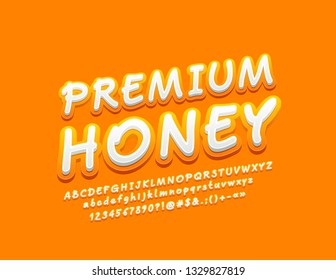 Vector stylish Sign Premium Honey with modern Yellow Font. Funny rotated Alphabet Letters, Numbers and Symbols.