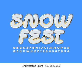 Festival de la Nieve de Signo elegante vectorial. Fuente blanca brillante. Letras y números de alfabeto lúdico.