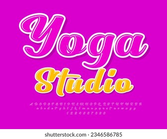 Vector stylish sign Yoga Studio. Cursive Glossy Font. Set of modern Alphabet Letters and Numbers