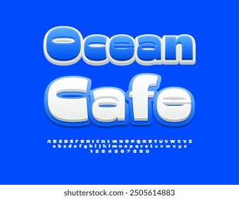 Vector stylish signboard Ocean Cafe. White and Blue Trendy Font. Elegant Bright Alphabet Letters and Numbers.