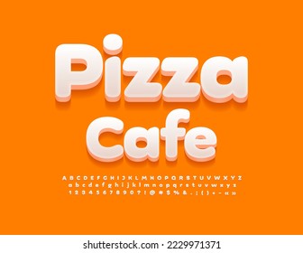 Vector stylish Signboard Pizza Cafe. Cute white 3d Font. Artistic Alphabet Letters and Numbers set