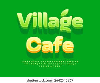Vector Stylish signboard Village Cafe. Modern Eco Green Font. Fashion Isometric Alphabet Letters and Numbers set.