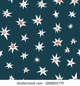 Vector stylish space seamless pattern with abstract stars on dark background. Hand drawn night sky pattern design for fabric or wrapping paper. Kids merry Christmas background
