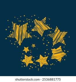 Vector ilustración cuadrada con estilo. Sobre un fondo de noche azul oscuro, una espiral de estrellas gráficas doradas brilla, formando un adorno brillante. ¡Una gran idea para un diseño festivo y creativo!