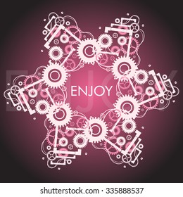 Vector stylish steam punk snowflake made of screws, gear wheels, nuts and other mechanical parts. Complicated mechanism. Enjoy - text message inside the flower shape. Pink colors. Christmas spirit 