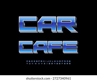 Vector stylish template Car Cafe. Blue and Metallic Techno Font. Trendy Alphabet Letters and Numbers set.