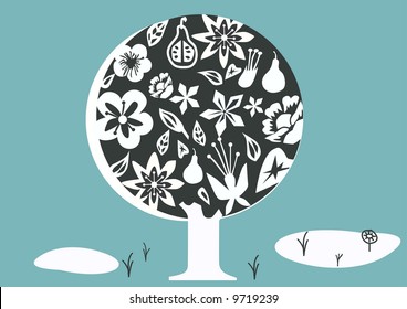 vector - stylish tree with flower leaf and pears