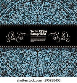 Vector stylish trendy background design containing victorian tilt deep blue  baroque roccoco style pattern   for book cover, cd cover backdrops, cafe menu brand identity template 