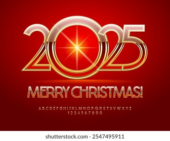 Vector stylish Wish Card Merry Christmas 2025! Elegant Gold and Red Font. Digital Alphabet Letters and Numbers set