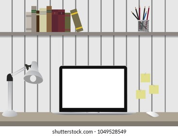 vector of stylish workspace with laptop computer, office supplies houseplant, book and lamp desk at home or studio office. Mock up blank screen for graphic montage.
