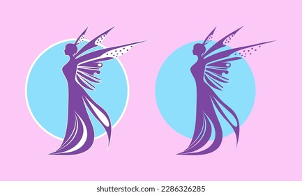 Vector stylistic fabulous magic violet silhouette of fairy with wings on a blue circle background. White isolated background. Sticker, icon or emblem.