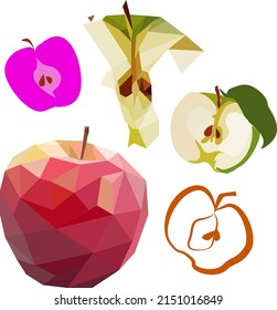 Vector stylization of an apple using geometric shapes, polygons, lines and spots.