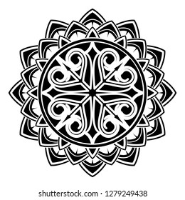 Vector stylization of a cross, star and medieval pattern. Sacred geometry. Ancient sacral sign of Vikings. Black Scandinavian tattoo. Nordic style. Religious ornament. Vector illustration.