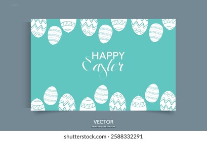 Vector stylization of Easter eggs and text Happy Easter in the center of the banner. Minimalistic Easter card in turquoise tones