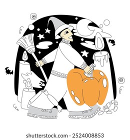 Vector stylization in flat or doodle style on the theme of Halloween. A guy goes with a broom in his hand and a pumpkin to the Halloween holiday.