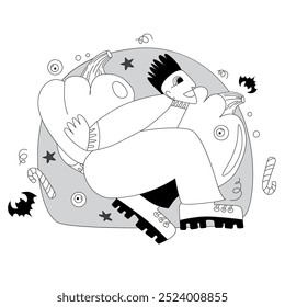 Vector stylization in flat or doodle style on the theme of Halloween. A guy carries a pumpkin.