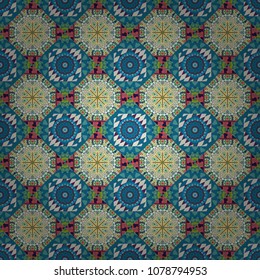 Vector stylized abstract flowers and Mandalas. Patchwork seamless pattern. Ethnic print for fabric. Indian, Arabic, Moroccan motives in gray, blue and beige colors.